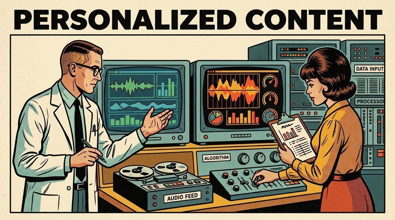 A 1960s mid-century comic book style editorial illustration showing a researcher and an editor comparing machine output against a reference, with two monitors showing a before and after comparison, a rack of servers visible in the frame.