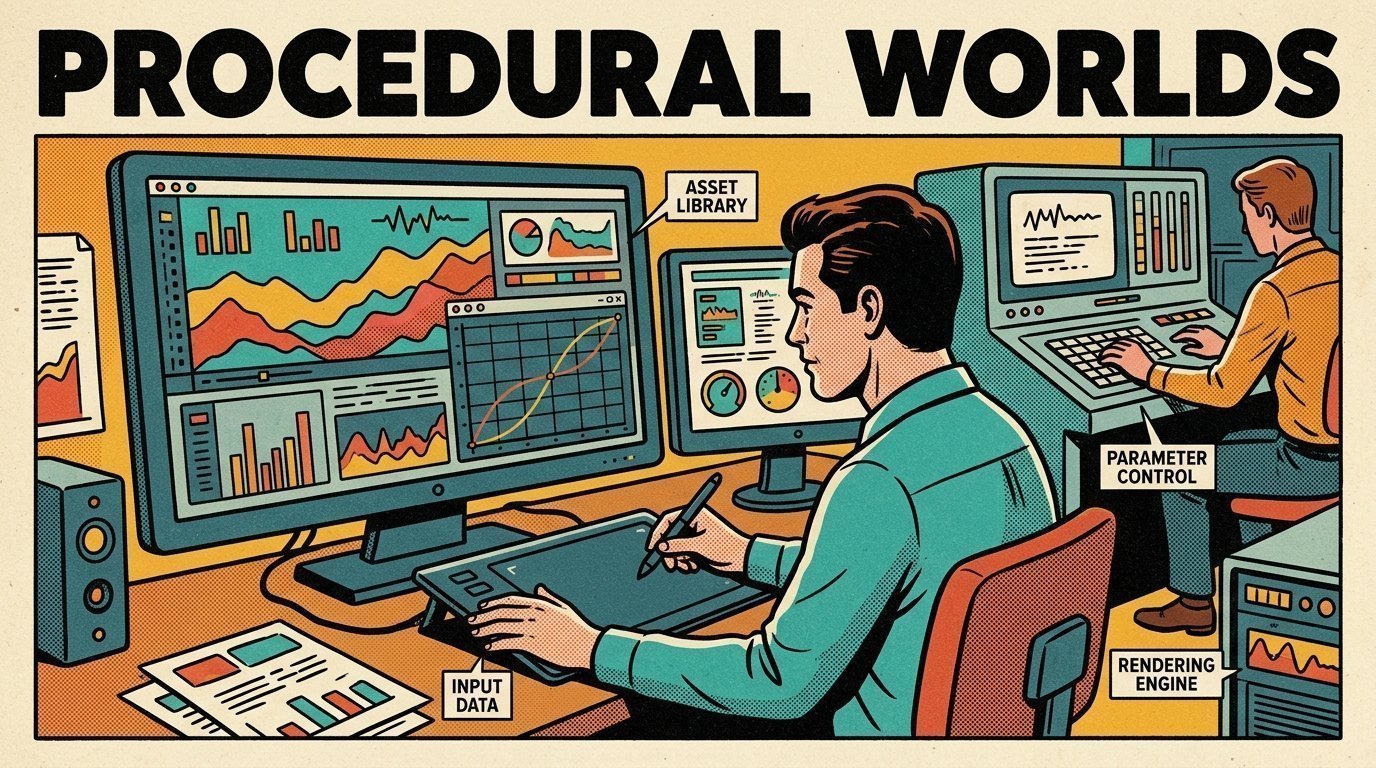 A 1960s mid-century comic book style editorial illustration showing a motion designer working at a large monitor, with a keyframe graph editor, a large monitor, a graphics tablet visible in the frame.
