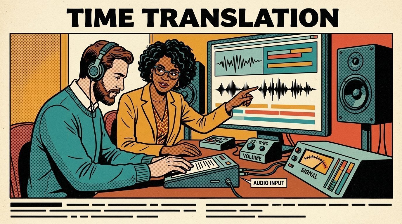 A 1960s mid-century comic book style editorial illustration showing an accessibility specialist and a colleague testing with a screen reader, with caption bars beneath a picture, a pair of studio monitors visible in the frame.