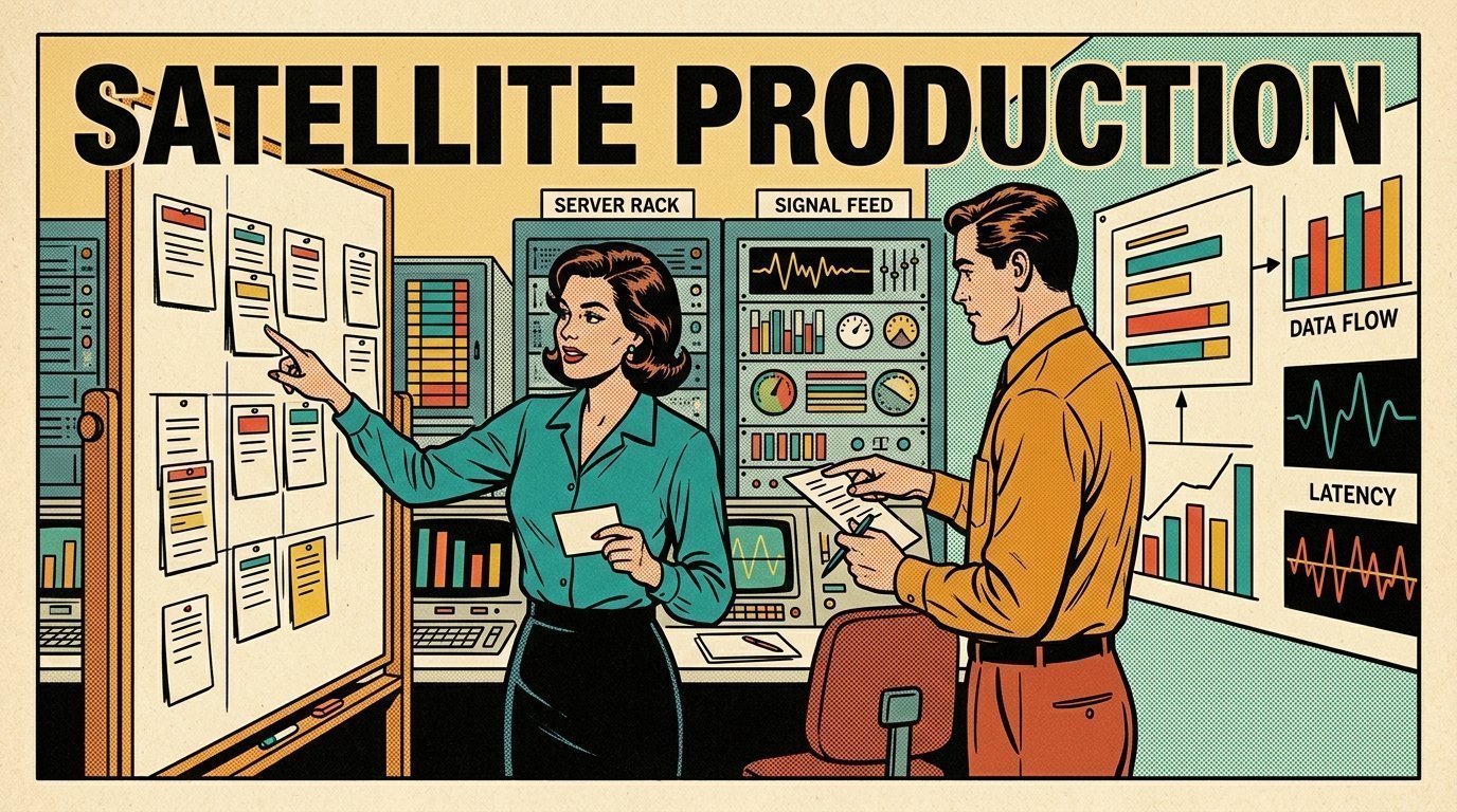 A 1960s mid-century comic book style editorial illustration showing a media operations manager and an engineer reviewing a workflow board, with a workflow board covered in cards, a rack of servers, a wall chart of figures visible in the frame.