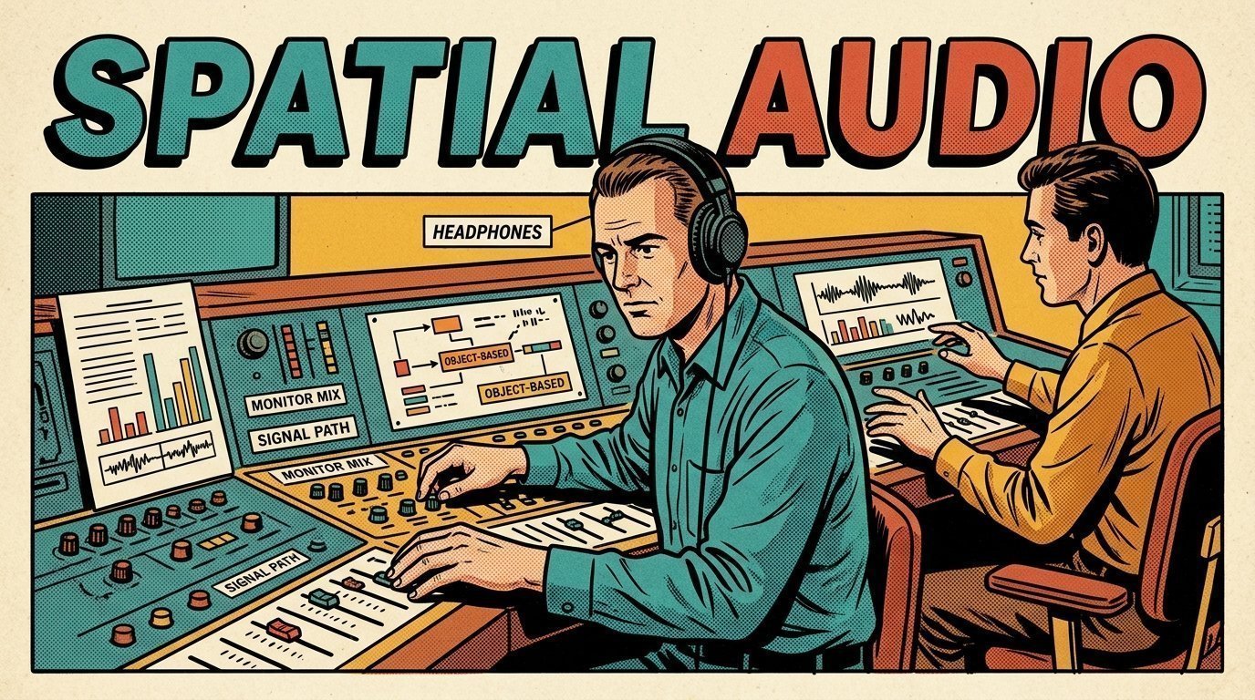 A 1960s mid-century comic book style editorial illustration showing two audio engineers at a mixing desk, with closed-back headphones visible in the frame.