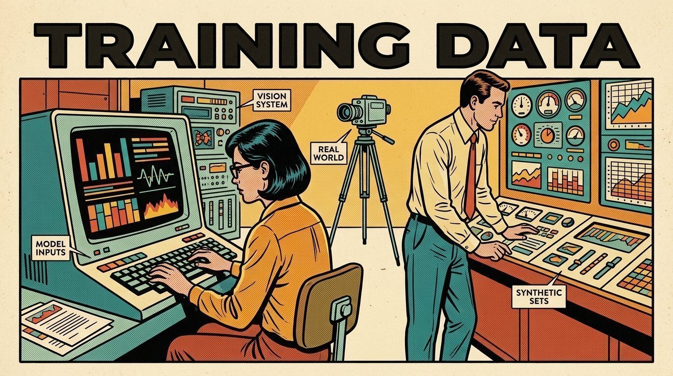 A 1960s mid-century comic book style editorial illustration showing two engineers at terminals in a machine room, with a camera on a tripod visible in the frame.