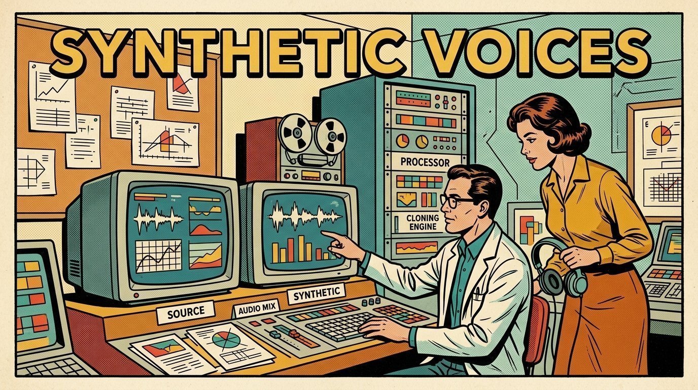 A 1960s mid-century comic book style editorial illustration showing a researcher and an editor comparing machine output against a reference, with two monitors showing a before and after comparison, a rack of servers visible in the frame.