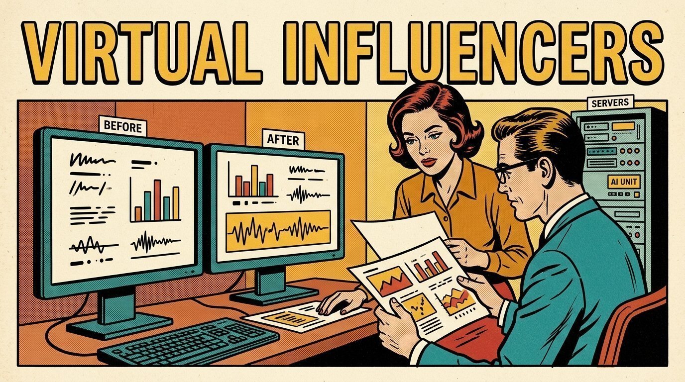 A 1960s mid-century comic book style editorial illustration showing a researcher and an editor comparing machine output against a reference, with two monitors showing a before and after comparison, a rack of servers visible in the frame.