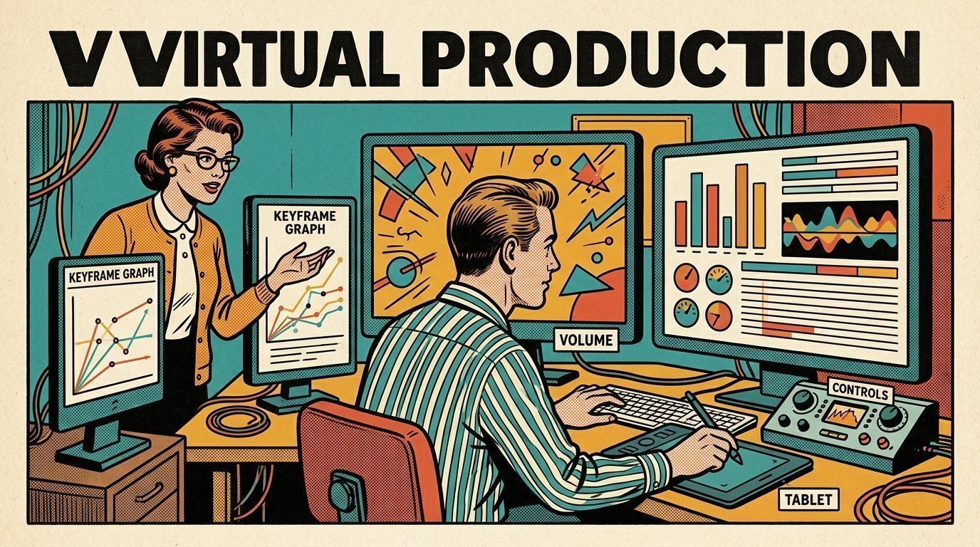 A 1960s mid-century comic book style editorial illustration showing a motion designer working at a large monitor, with a keyframe graph editor, a large monitor, a graphics tablet visible in the frame.