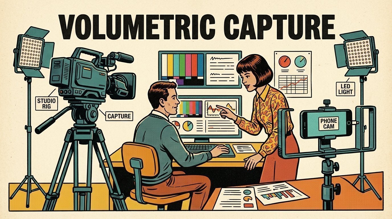 A 1960s mid-century comic book style editorial illustration showing a video editor and a director reviewing the cut together, with a camera on a tripod, a phone clamped to a rig, an LED panel light on a stand visible in the frame.