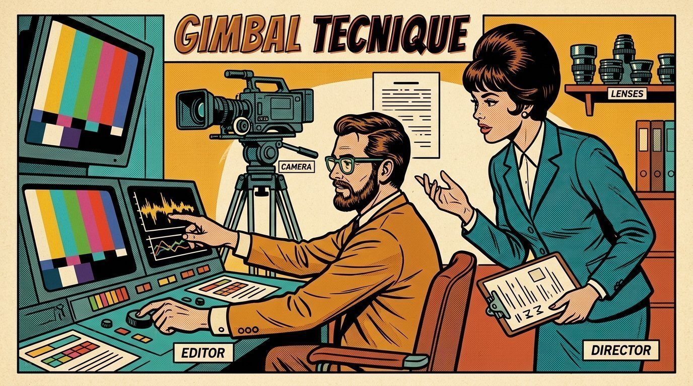 A 1960s mid-century comic book style editorial illustration showing a video editor and a director reviewing the cut together, with a camera on a tripod, a set of prime lenses visible in the frame.