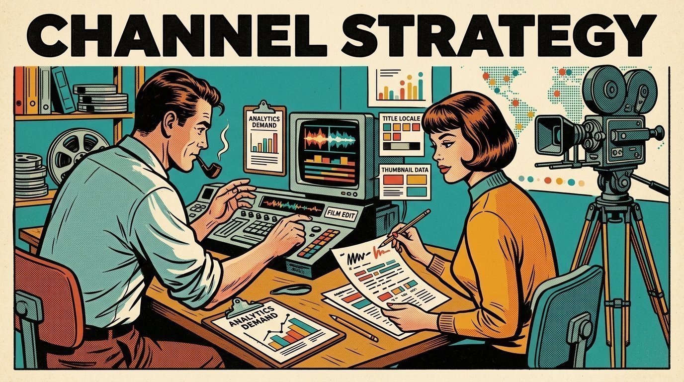 A 1960s mid-century comic book style editorial illustration showing a video editor and a director reviewing the cut together, with a marked-up script on the desk, a camera on a tripod visible in the frame.
