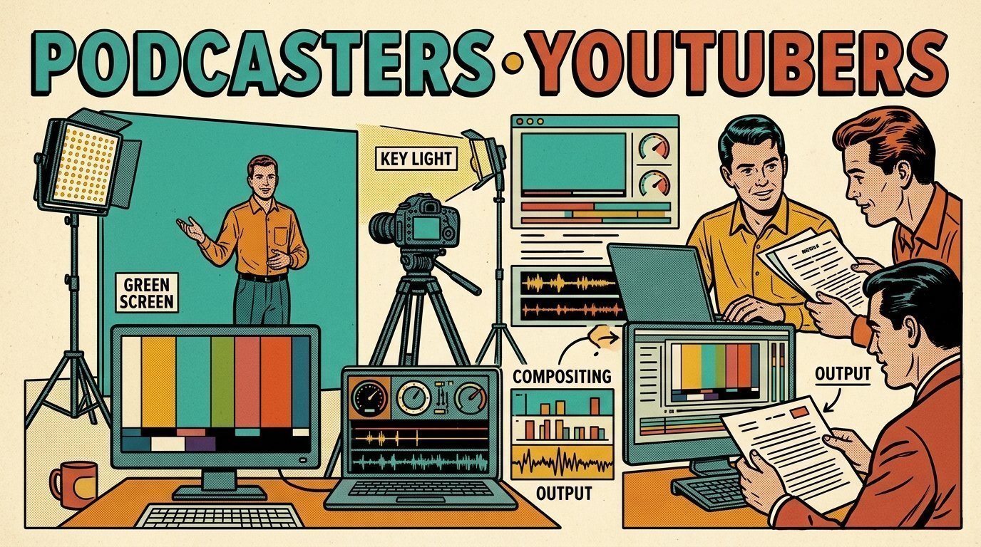 A 1960s mid-century comic book style editorial illustration showing a video editor and a director reviewing the cut together, with an LED panel light on a stand, a camera on a tripod, caption bars beneath a picture visible in the frame.