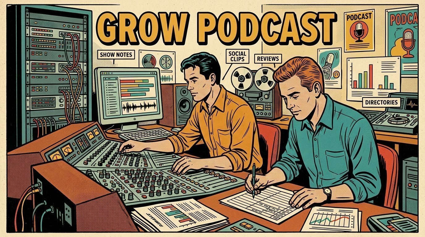 A 1960s mid-century comic book style editorial illustration showing two audio engineers at a mixing desk, with a rack of servers visible in the frame.