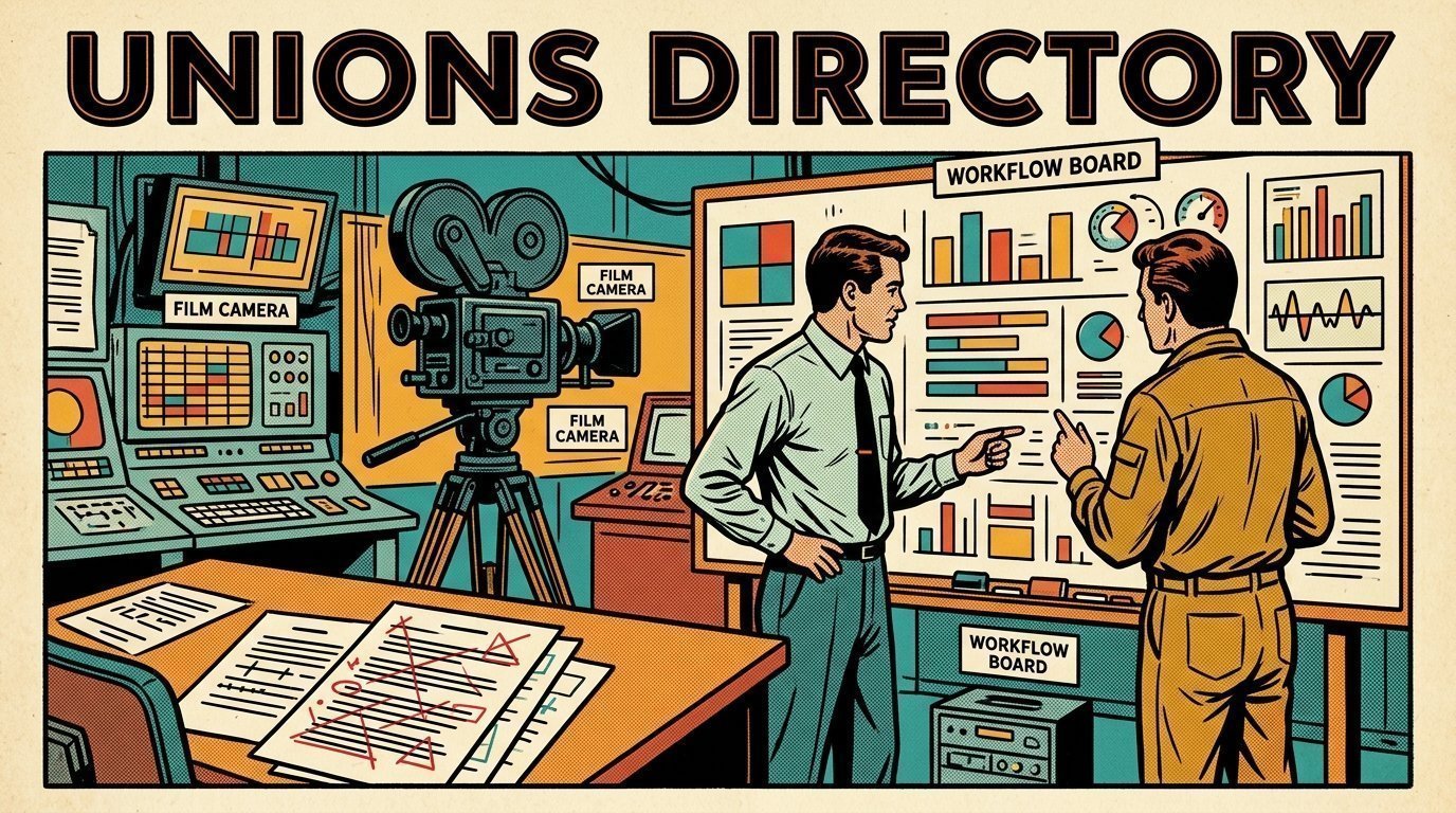 A 1960s mid-century comic book style editorial illustration showing a media operations manager and an engineer reviewing a workflow board, with a camera on a tripod, a marked-up script on the desk visible in the frame.