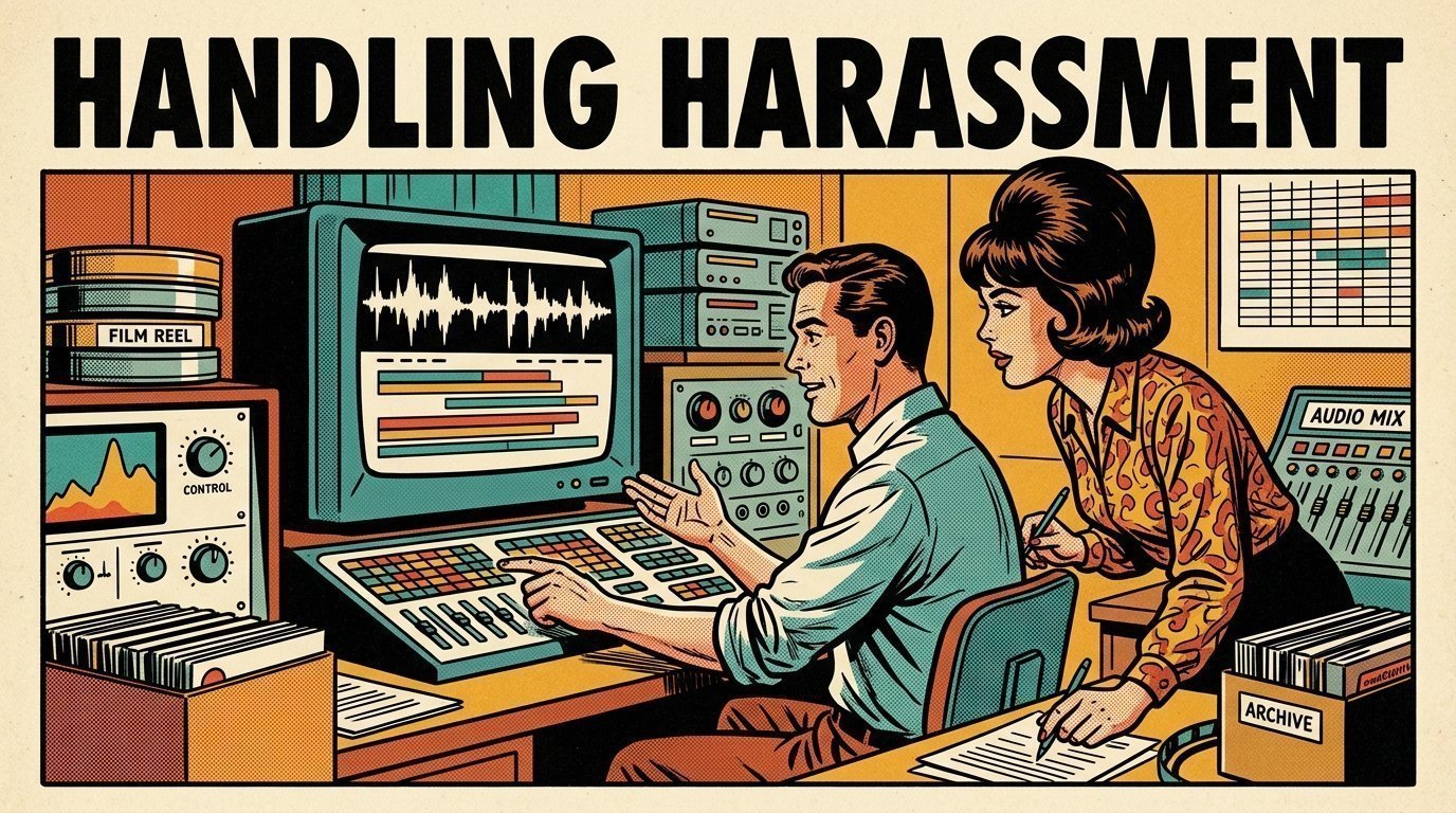 A 1960s mid-century comic book style editorial illustration showing a video editor and a director reviewing the cut together, with stacked storage drives visible in the frame.