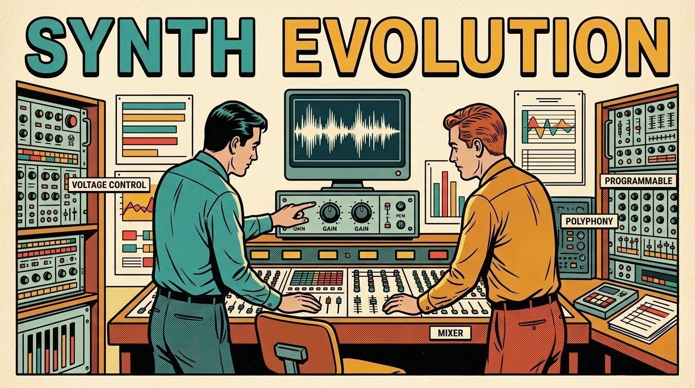 A 1960s mid-century comic book style editorial illustration showing two audio engineers at a mixing desk, with an audio interface with gain knobs, an audio waveform display visible in the frame.