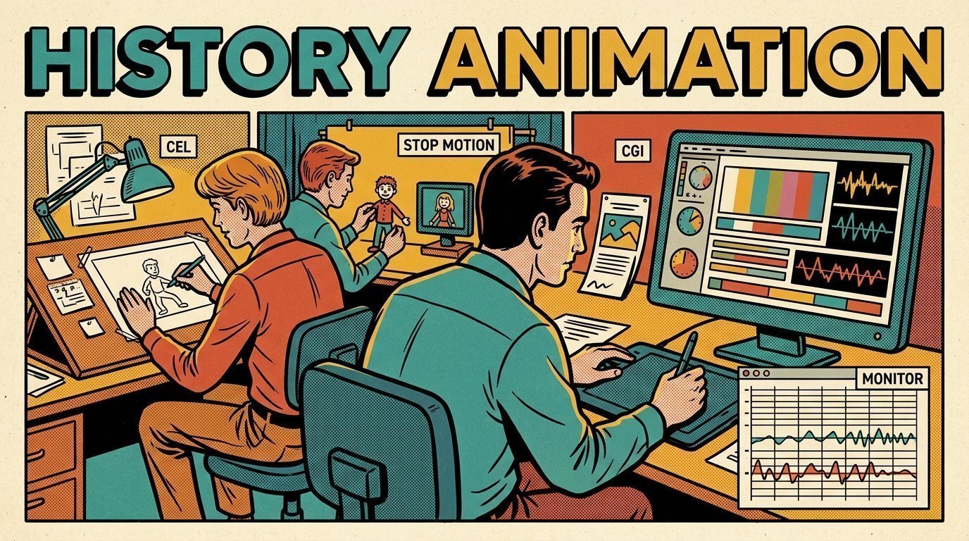 A 1960s mid-century comic book style editorial illustration showing a motion designer working at a large monitor, with a keyframe graph editor, a large monitor, a graphics tablet visible in the frame.