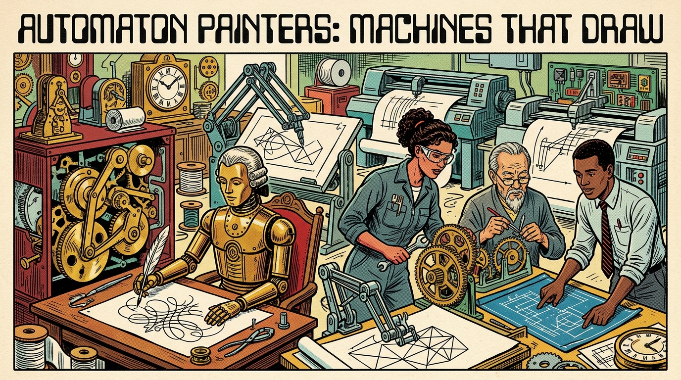 A 1960s mid-century comic book style editorial illustration depicting historical clockwork automaton painters, mechanical cams, and robotic drafting plotters.