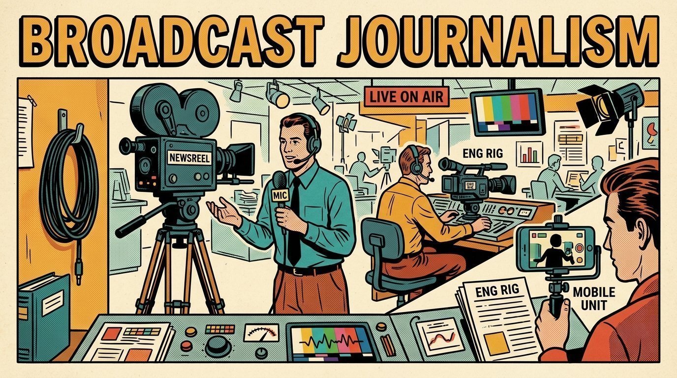 A 1960s mid-century comic book style editorial illustration showing a broadcast journalist and a producer in a newsroom, with a camera on a tripod, coiled cables on a hook, a phone clamped to a rig visible in the frame.