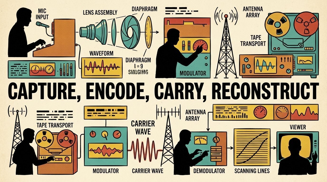 A 1960s mid-century comic book style editorial illustration showing the broadcast signal chain of capture, encoding, transmission and reconstruction as a timeline of generic apparatus and waveform diagrams.