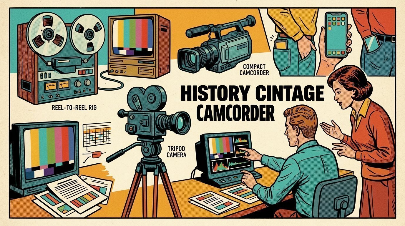 A 1960s mid-century comic book style editorial illustration showing a video editor and a director reviewing the cut together, with a camera on a tripod, a phone clamped to a rig visible in the frame.