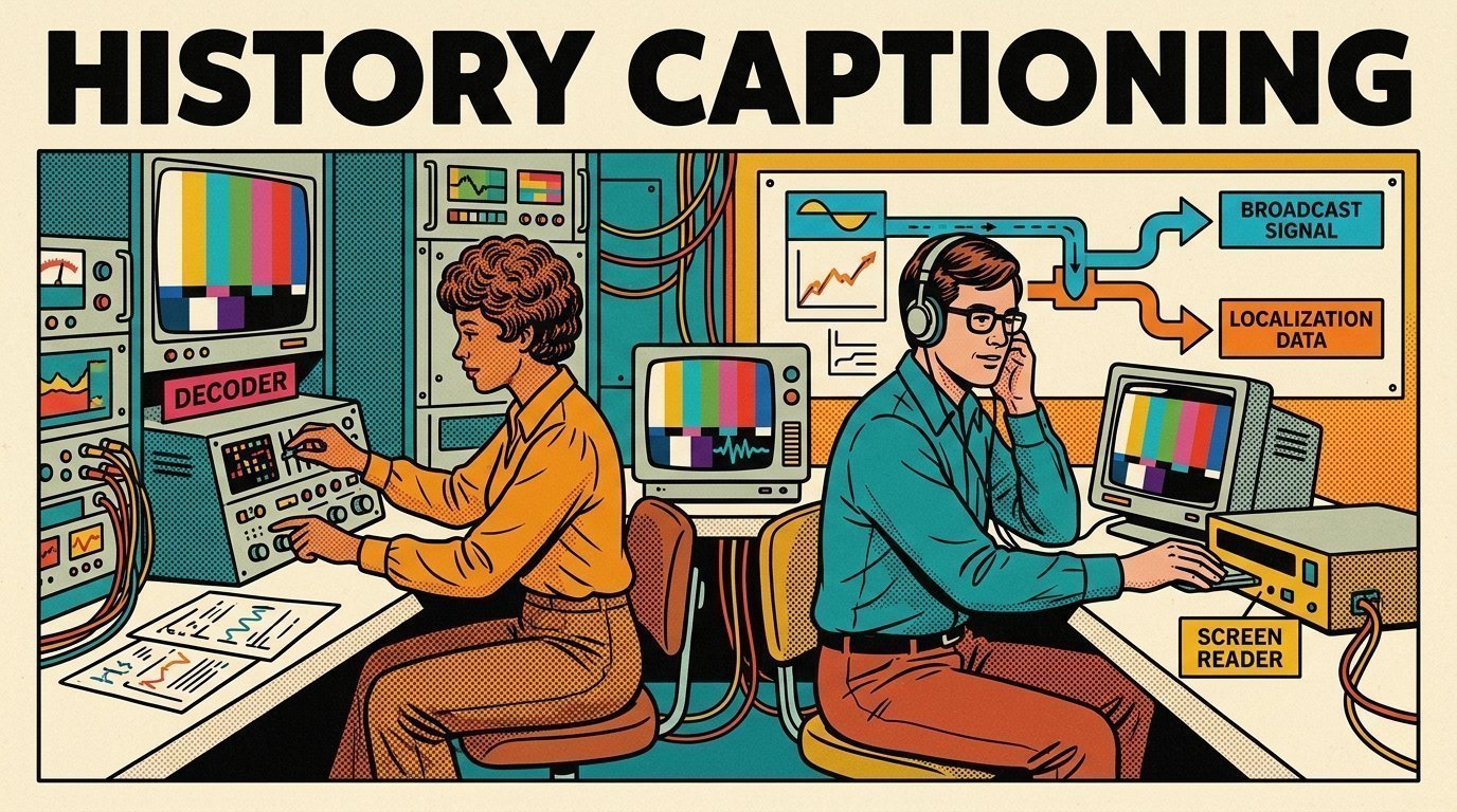 A 1960s mid-century comic book style editorial illustration showing an accessibility specialist and a colleague testing with a screen reader, with caption bars beneath a picture visible in the frame.