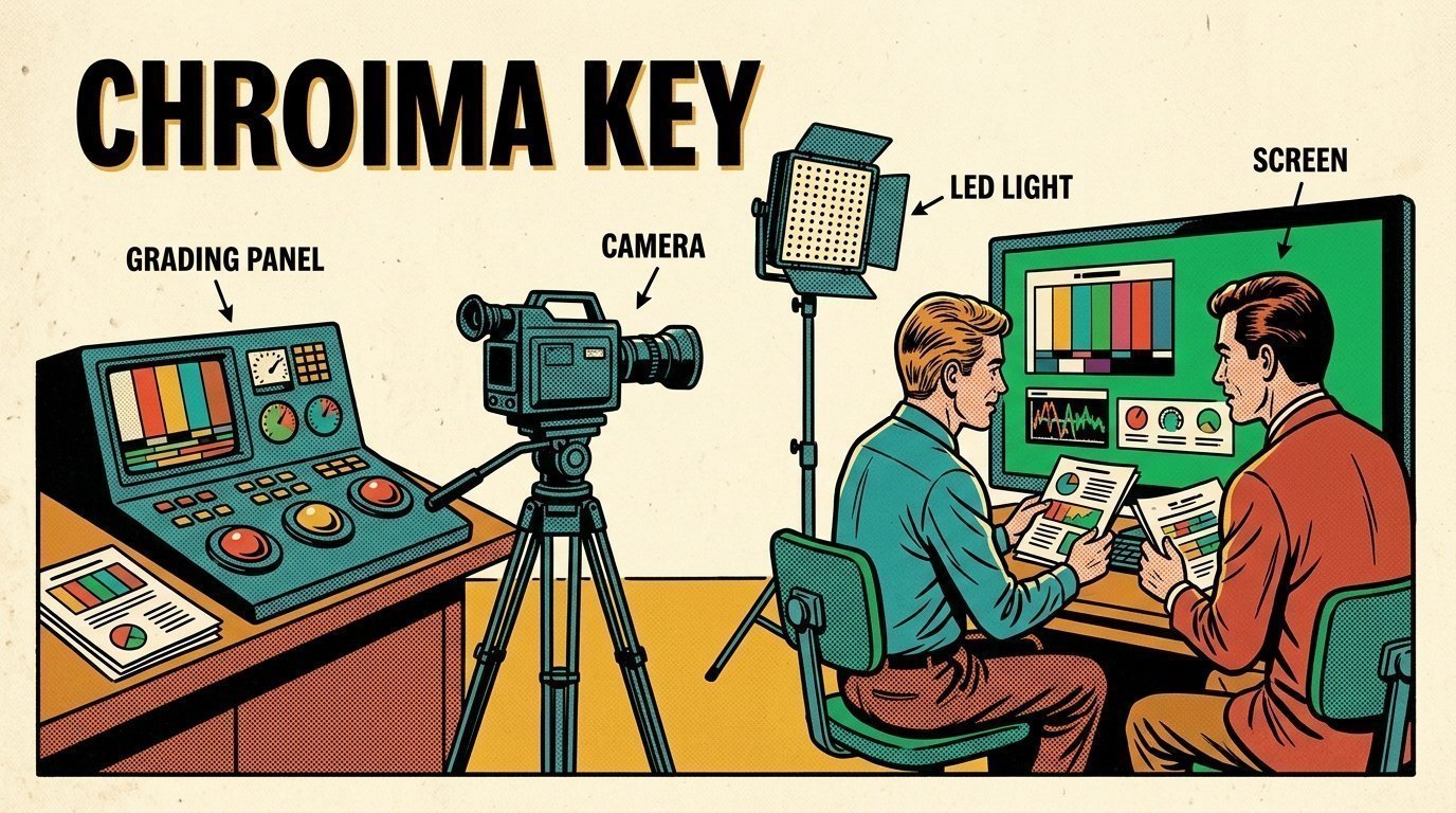 A 1960s mid-century comic book style editorial illustration showing a video editor and a director reviewing the cut together, with a colour grading panel with trackballs, a camera on a tripod, an LED panel light on a stand visible in the frame.