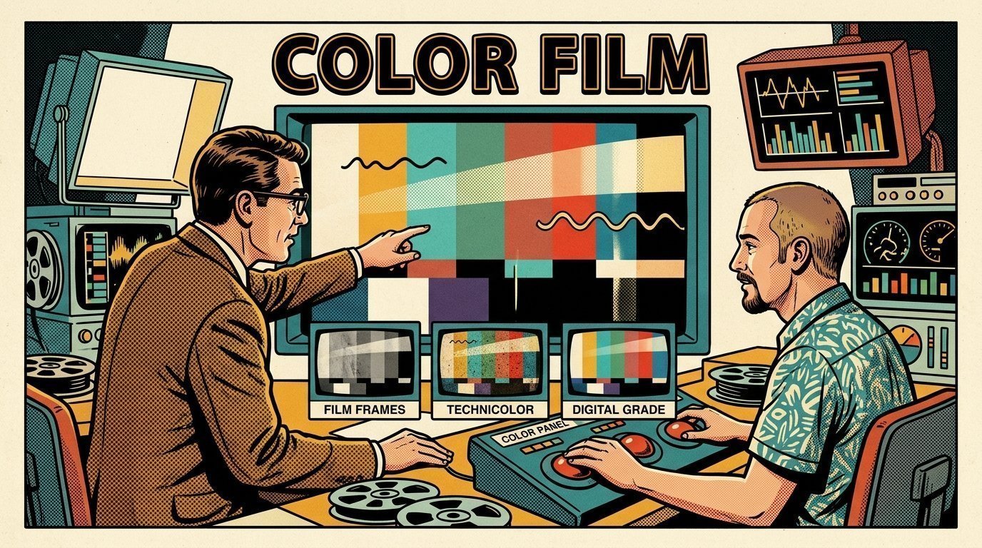 A 1960s mid-century comic book style editorial illustration showing a video editor and a director reviewing the cut together, with a colour grading panel with trackballs visible in the frame.