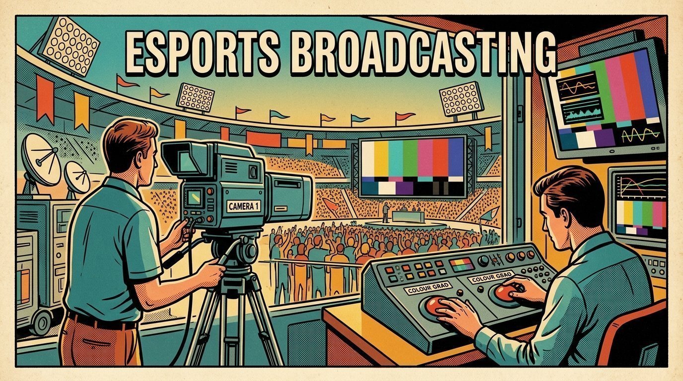 A 1960s mid-century comic book style editorial illustration showing an outside broadcast crew in a truck beside a stadium, with a camera on a tripod, a colour grading panel with trackballs visible in the frame.