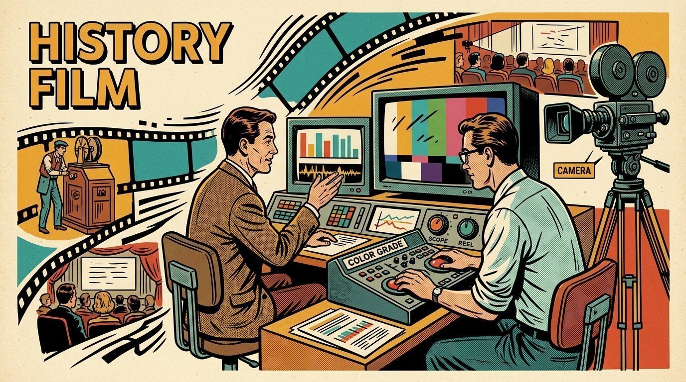 A 1960s mid-century comic book style editorial illustration showing a video editor and a director reviewing the cut together, with a colour grading panel with trackballs, a camera on a tripod visible in the frame.