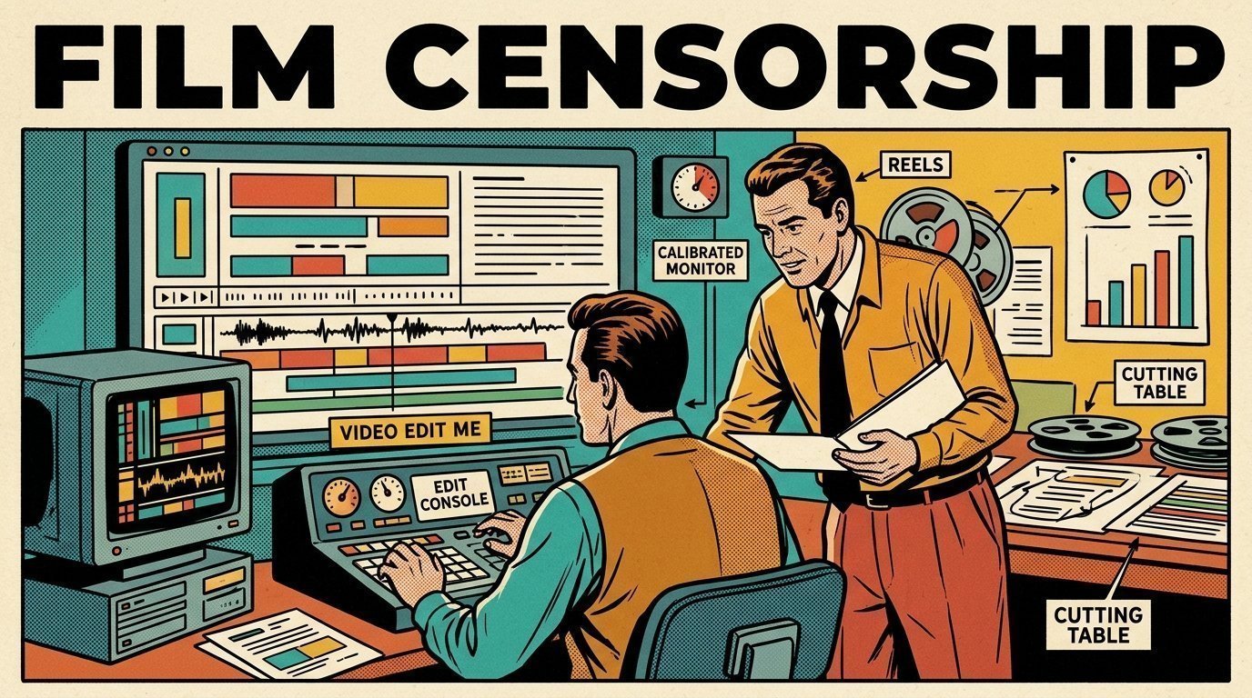 A 1960s mid-century comic book style editorial illustration showing a video editor and a director reviewing the cut together, with an edit timeline on a large screen, a calibrated monitor, stacked storage drives visible in the frame.