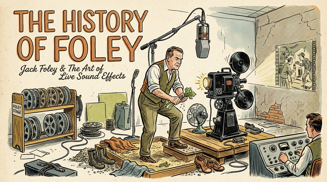 A 1960s mid-century editorial illustration showing Jack Foley performing live acoustic sound effects next to an early 1927 silent film projector and ribbon microphone.