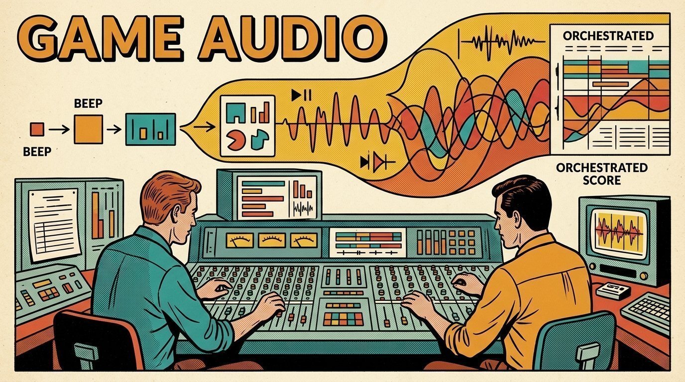 A 1960s mid-century comic book style editorial illustration showing two audio engineers at a mixing desk, with a broadcast console visible in the frame.