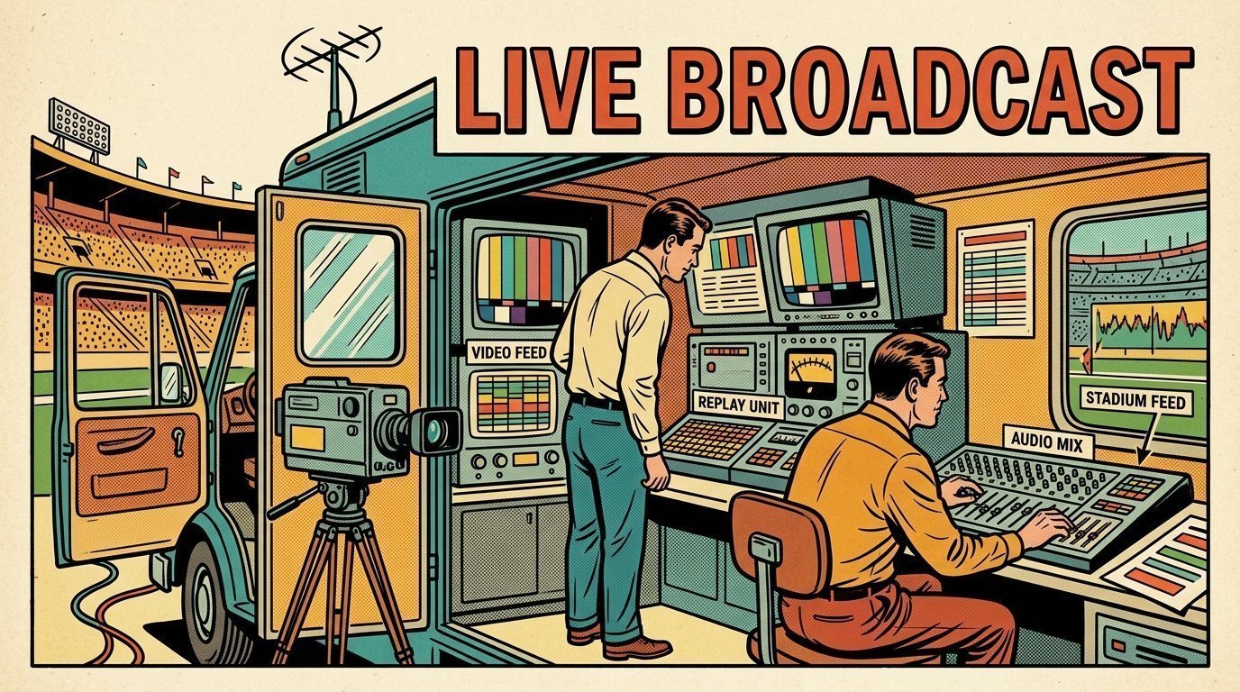 A 1960s mid-century comic book style editorial illustration showing an outside broadcast crew in a truck beside a stadium, with a camera on a tripod visible in the frame.