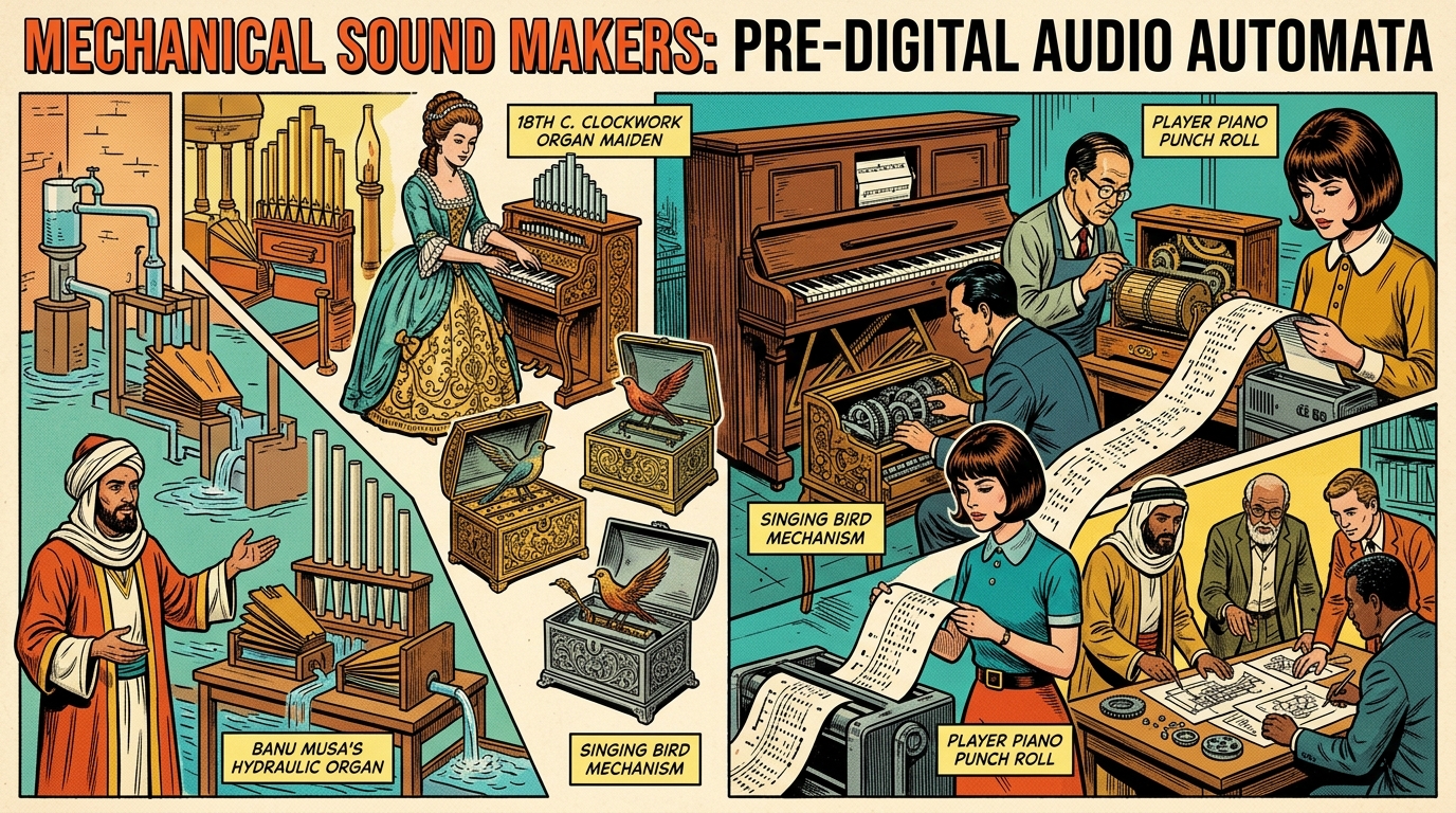 A 1960s mid-century comic book style editorial illustration depicting historical mechanical sound makers, Banu Musa hydraulic organs, 18th-century organ maidens, singing bird boxes, and binary player piano punch rolls.