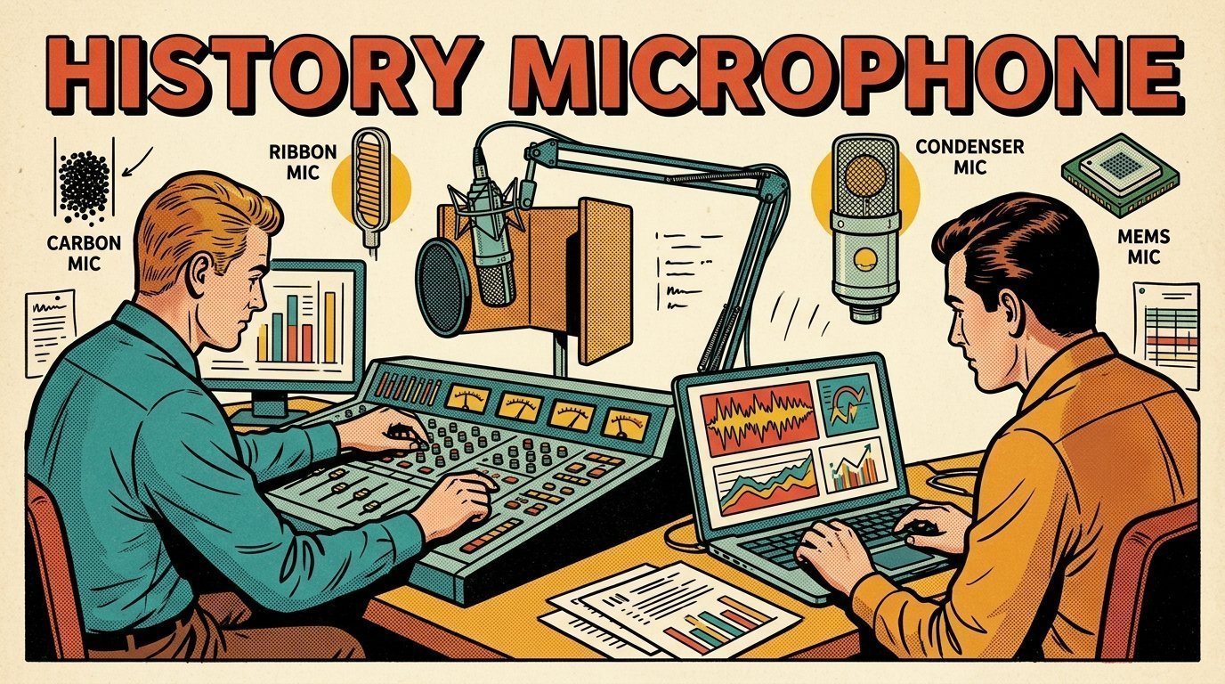 A 1960s mid-century comic book style editorial illustration showing two audio engineers at a mixing desk, with a studio microphone on a boom arm, an open laptop visible in the frame.
