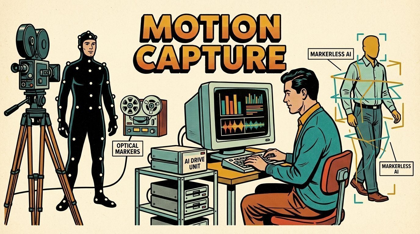 A 1960s mid-century comic book style editorial illustration showing a motion designer working at a large monitor, with a camera on a tripod, stacked storage drives visible in the frame.