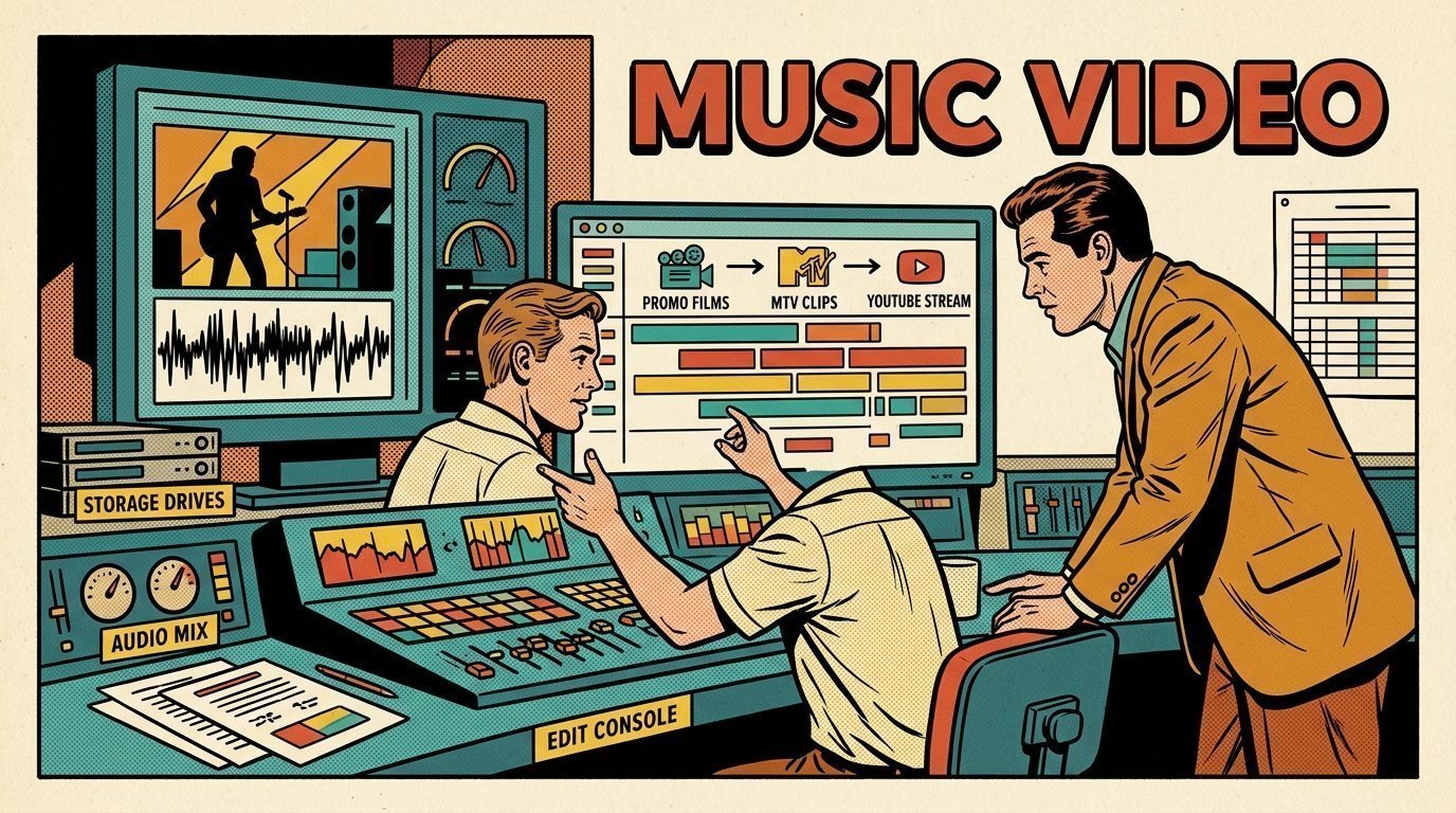 A 1960s mid-century comic book style editorial illustration showing a video editor and a director reviewing the cut together, with an edit timeline on a large screen, a calibrated monitor, stacked storage drives visible in the frame.