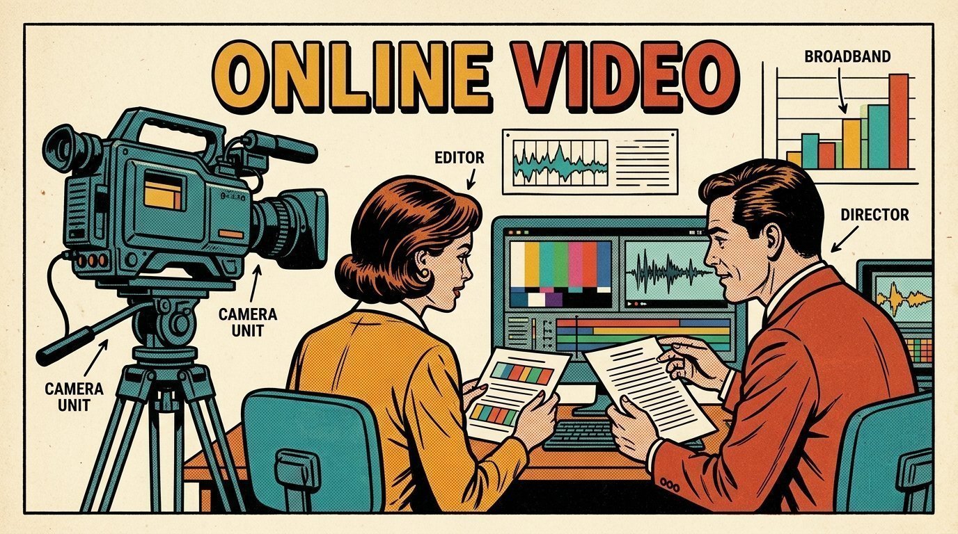 A 1960s mid-century comic book style editorial illustration showing a video editor and a director reviewing the cut together, with a camera on a tripod visible in the frame.