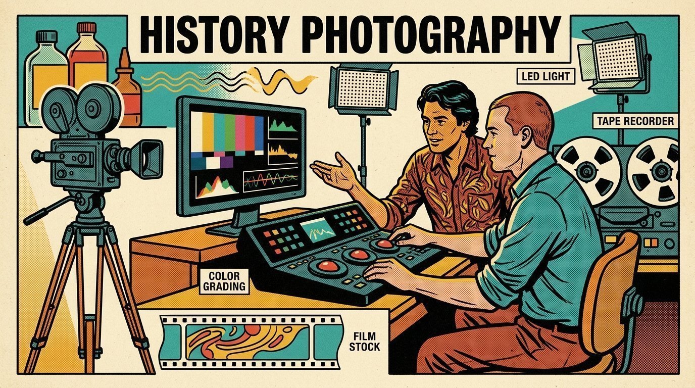 A 1960s mid-century comic book style editorial illustration showing a video editor and a director reviewing the cut together, with a camera on a tripod, an LED panel light on a stand, a colour grading panel with trackballs visible in the frame.