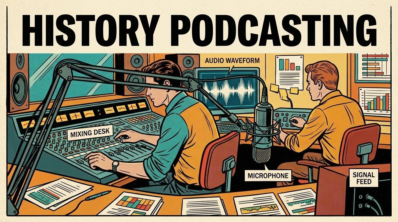 A 1960s mid-century comic book style editorial illustration showing two audio engineers at a mixing desk, with a mixing desk, a studio microphone on a boom arm, an audio waveform display visible in the frame.