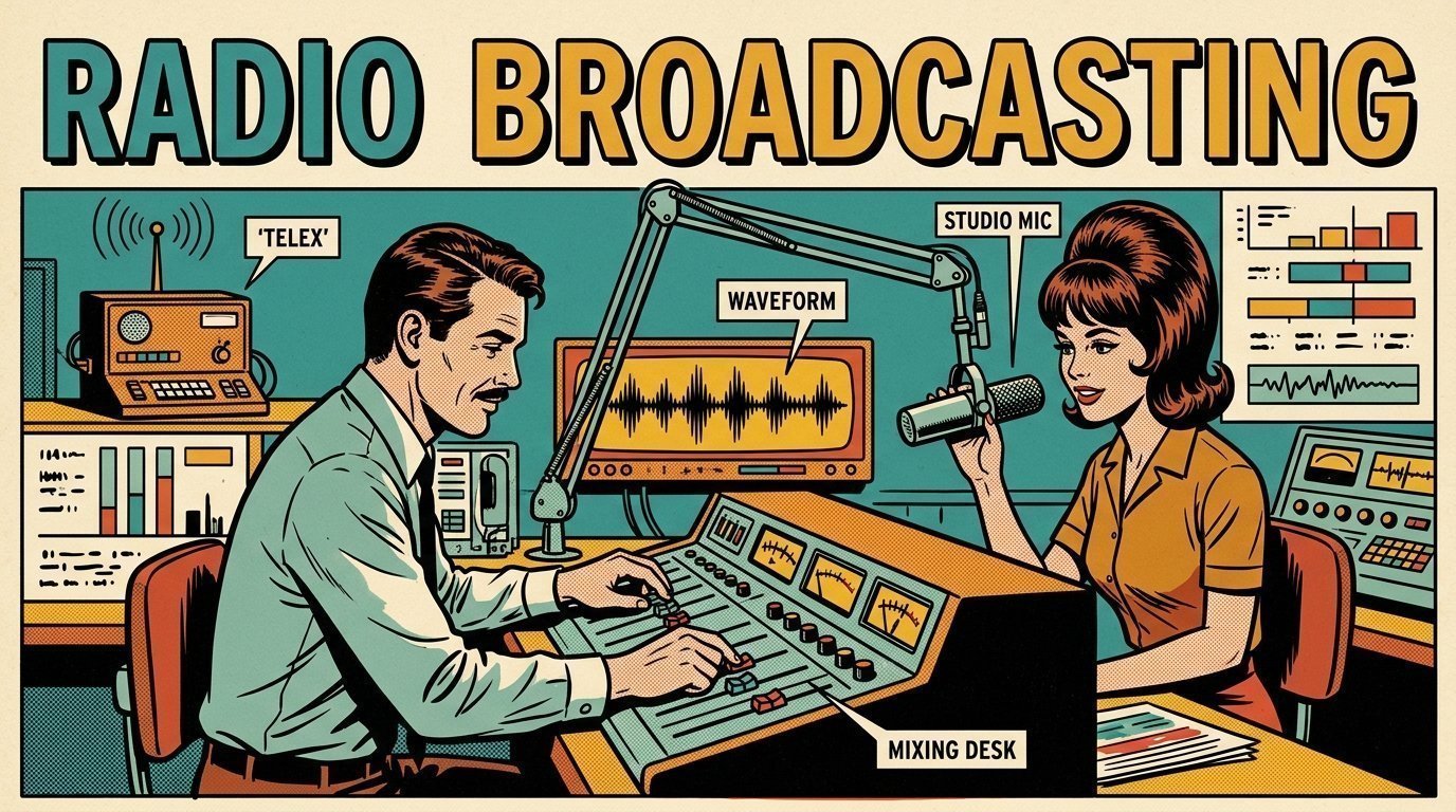 A 1960s mid-century comic book style editorial illustration showing two audio engineers at a mixing desk, with a mixing desk, a studio microphone on a boom arm, an audio waveform display visible in the frame.