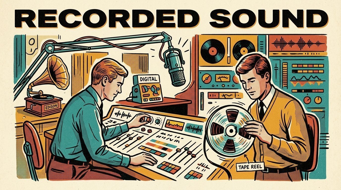 A 1960s mid-century comic book style editorial illustration showing two audio engineers at a mixing desk, with reels of magnetic tape, a studio microphone on a boom arm visible in the frame.