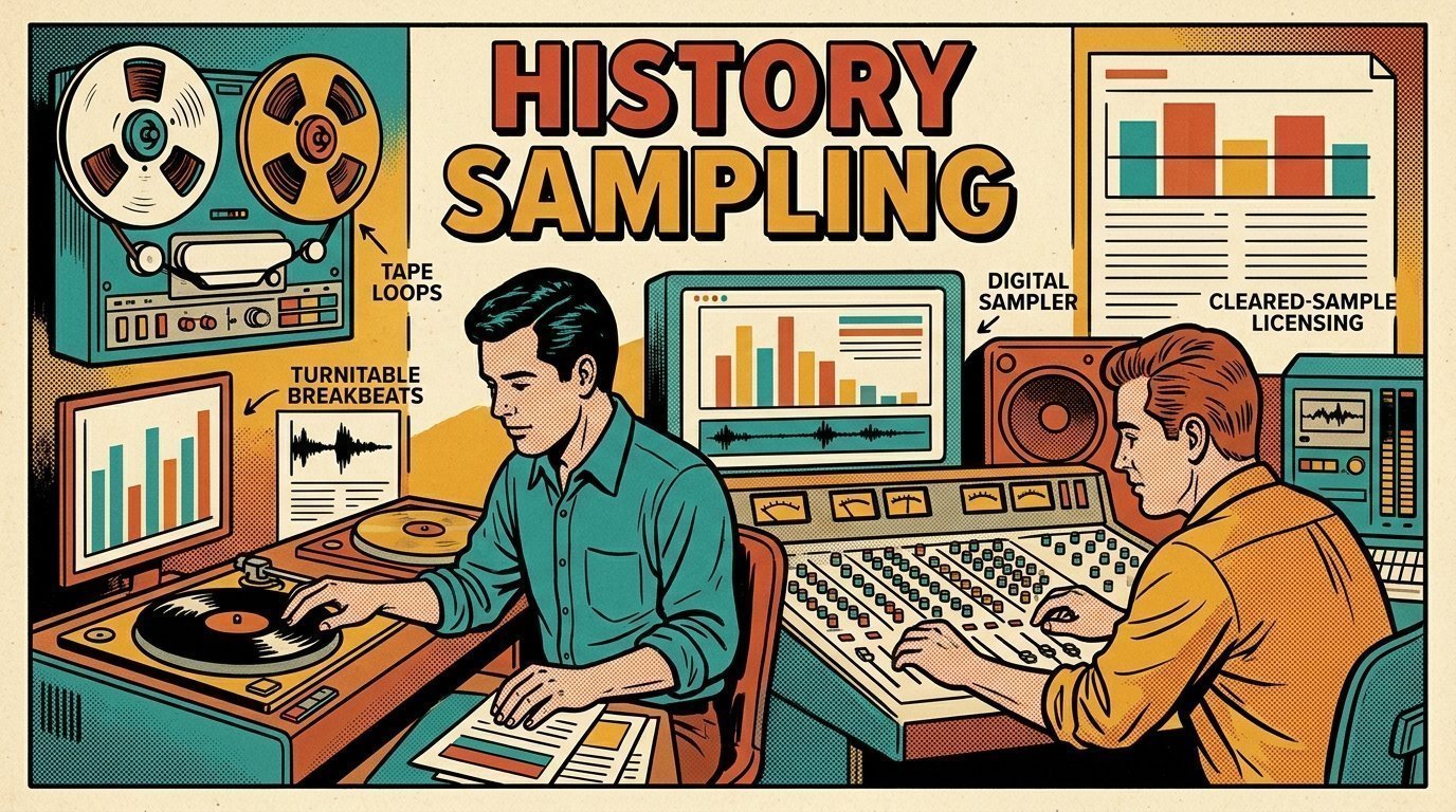 A 1960s mid-century comic book style editorial illustration showing two audio engineers at a mixing desk, with reels of magnetic tape visible in the frame.