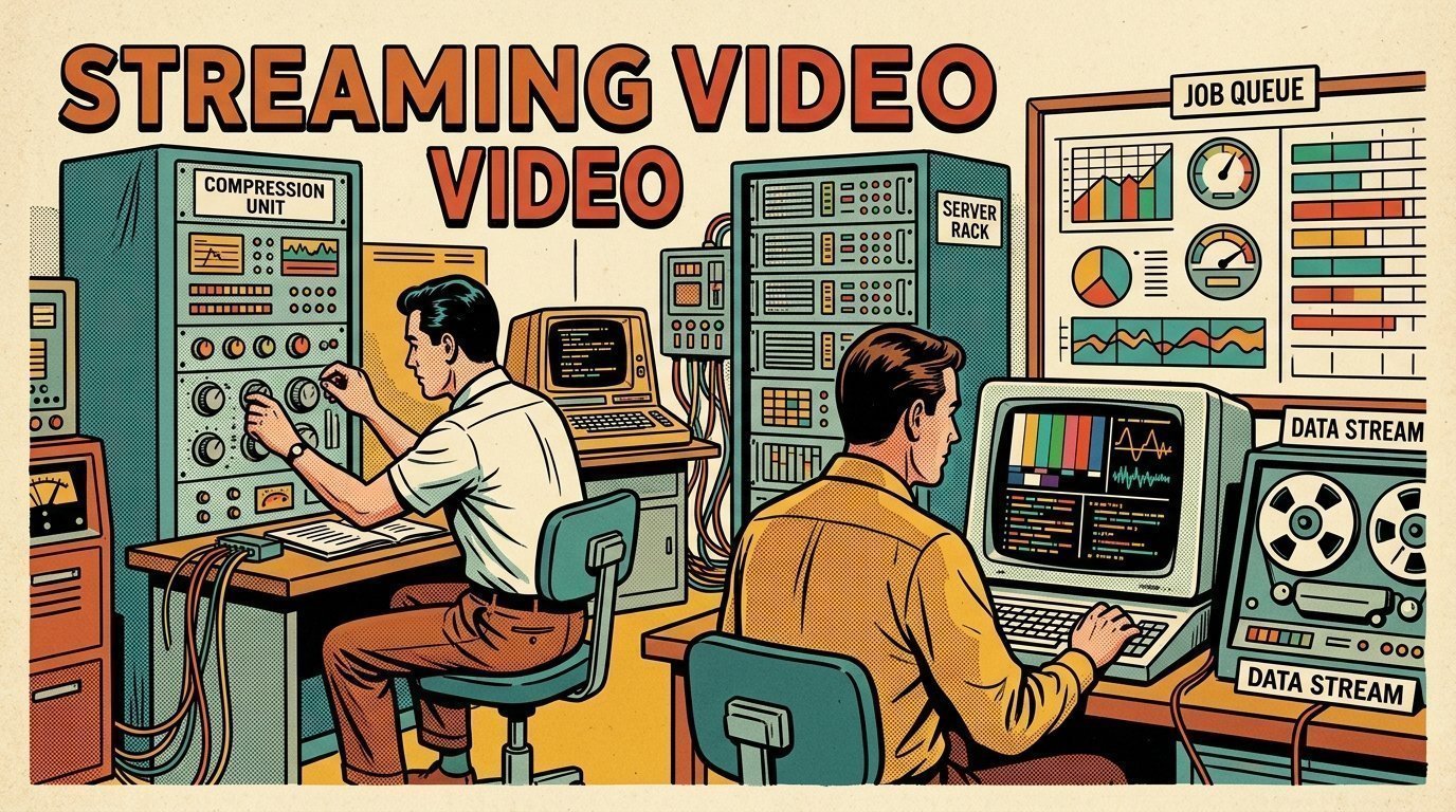 A 1960s mid-century comic book style editorial illustration showing two engineers at terminals in a machine room, with code on a terminal screen, a rack of servers, a job queue board visible in the frame.