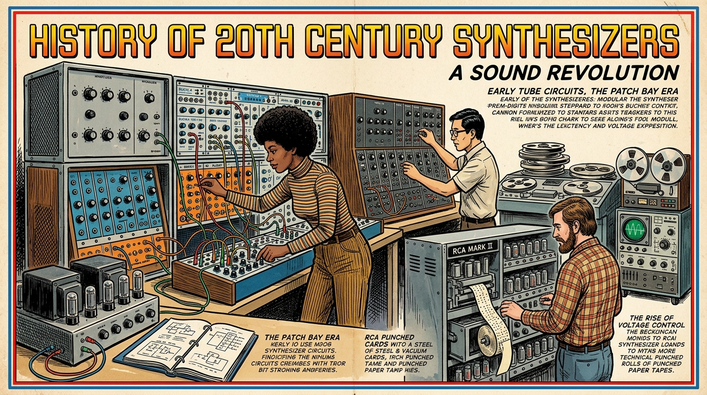 A 1960s mid-century comic book style editorial illustration depicting room-filling Moog and Buchla modular patch panels, vacuum tube synth consoles, RCA punch tape, and vintage electronic music studio gear.