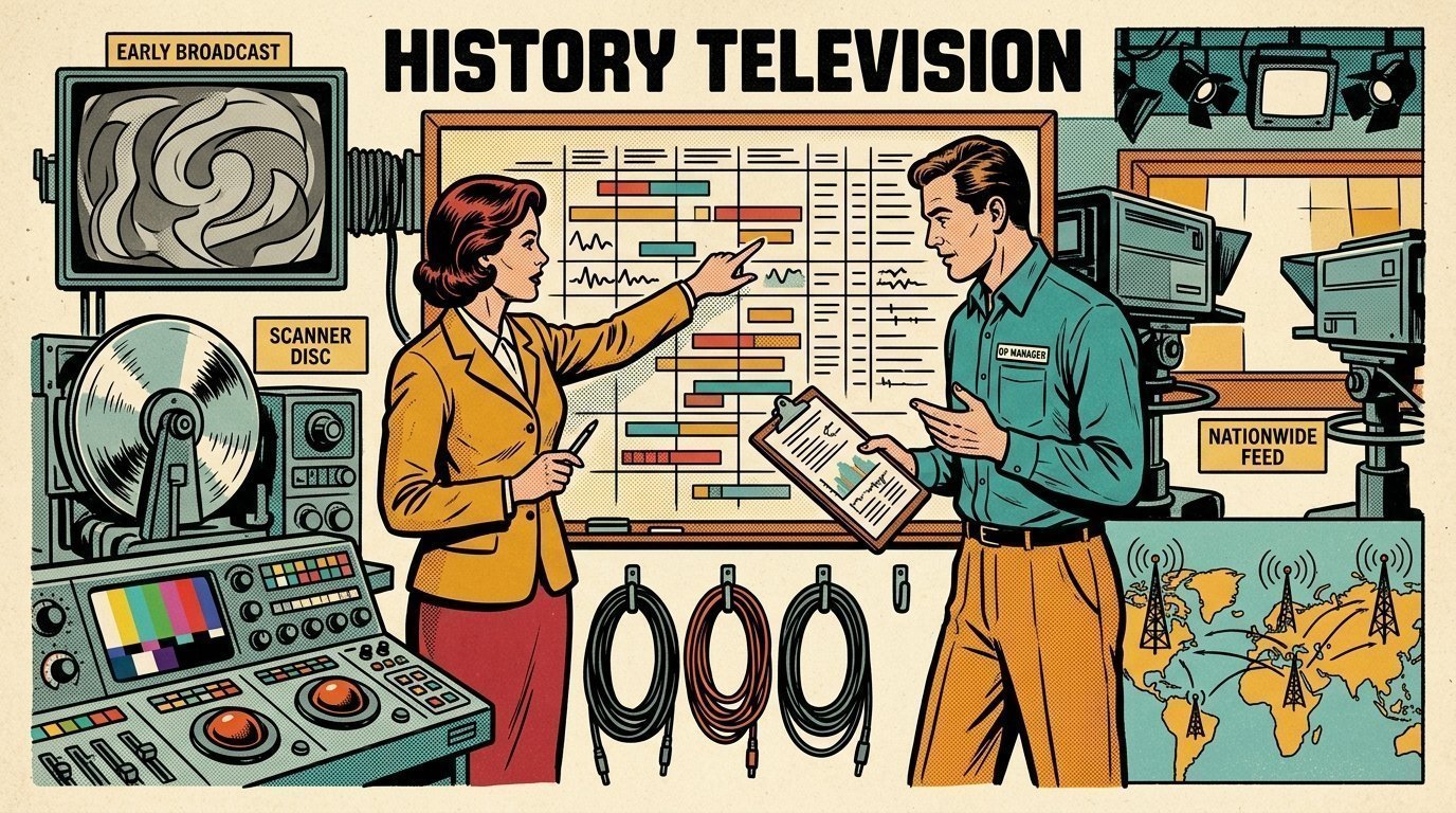 A 1960s mid-century comic book style editorial illustration showing a media operations manager and an engineer reviewing a workflow board, with a colour grading panel with trackballs, coiled cables on a hook visible in the frame.