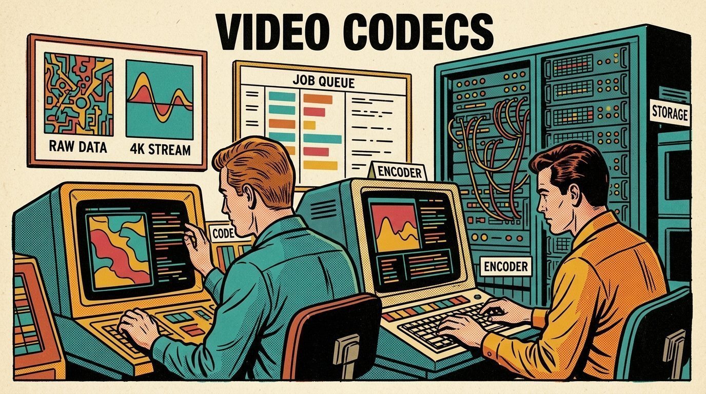 A 1960s mid-century comic book style editorial illustration showing two engineers at terminals in a machine room, with code on a terminal screen, a rack of servers, a job queue board visible in the frame.