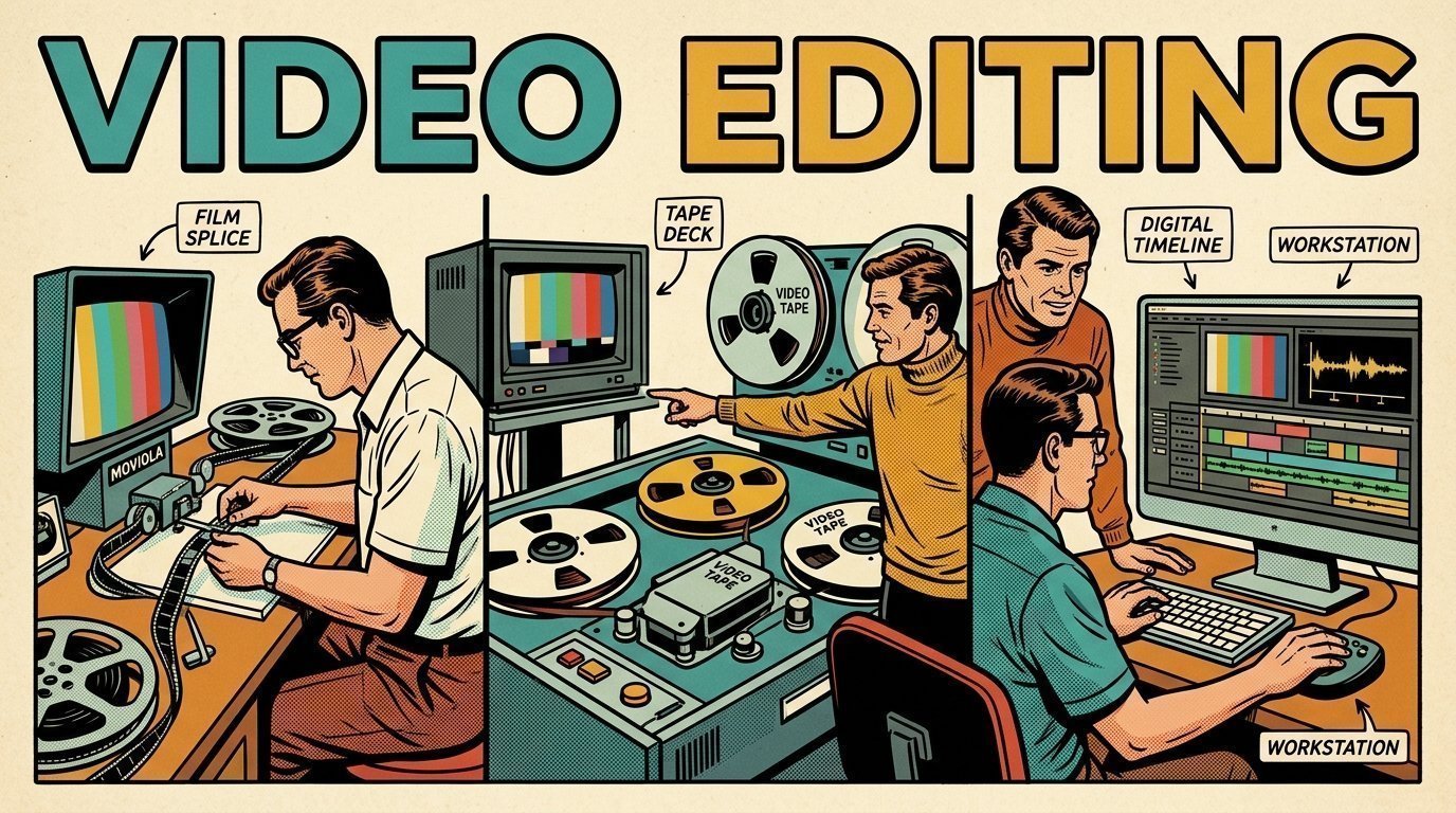 A 1960s mid-century comic book style editorial illustration showing a video editor and a director reviewing the cut together, with reels of magnetic tape, an edit timeline on a large screen visible in the frame.