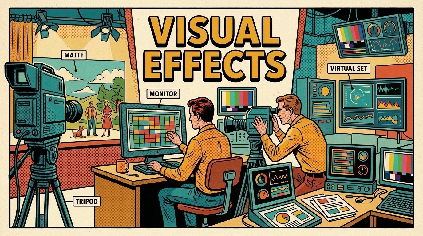 A 1960s mid-century comic book style editorial illustration showing a motion designer working at a large monitor, with a camera on a tripod visible in the frame.