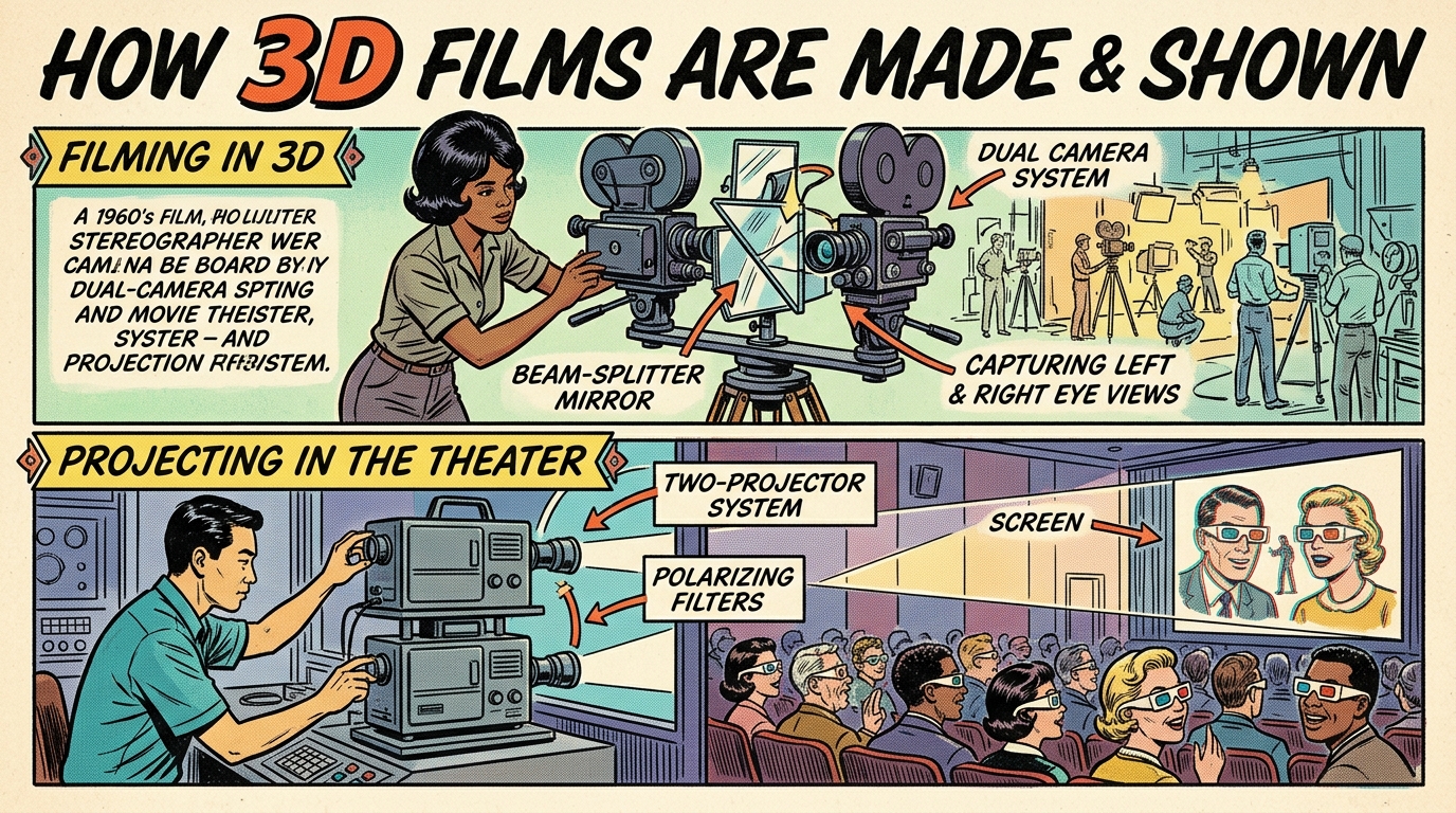 A 1960s mid-century comic book style editorial illustration depicting stereoscopic dual-camera beam-splitter filming and cinema projection using dual polarized projectors and 3D glasses.