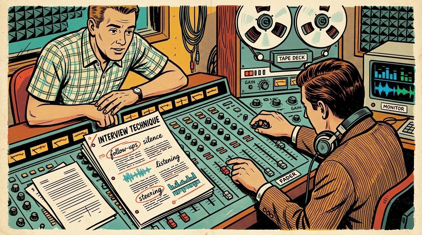 A 1960s mid-century comic book style editorial illustration showing two audio engineers at a mixing desk, with a marked-up script on the desk visible in the frame.