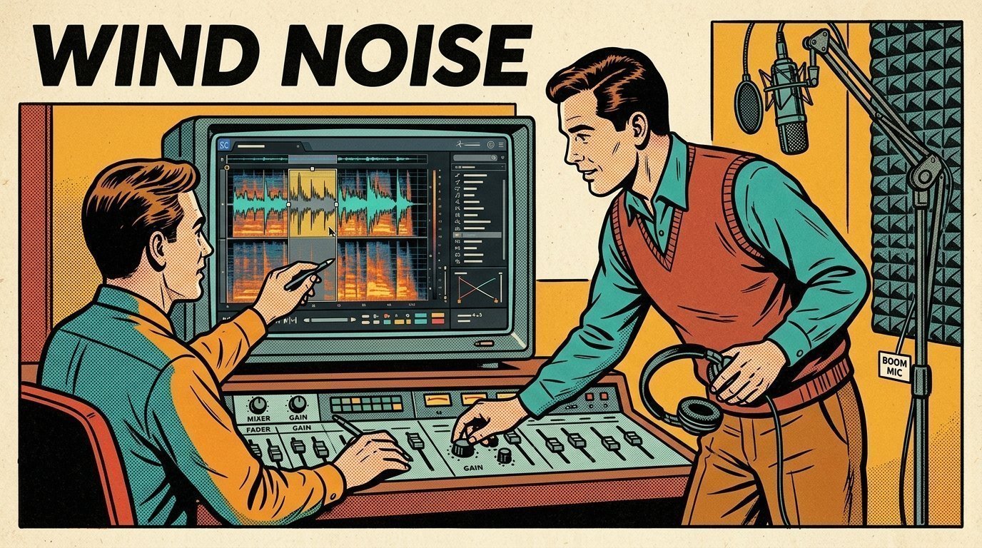 A 1960s mid-century comic book style editorial illustration showing two audio engineers at a mixing desk, with a mixing desk, a studio microphone on a boom arm, an audio waveform display visible in the frame.